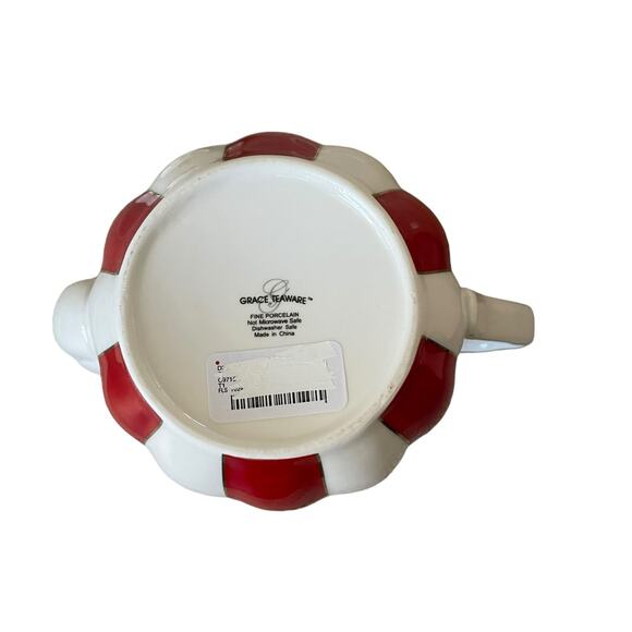 Grace Teaware Fine Porcelain Teapot Holiday Red White Gold Peppermint Stripe New - Picture 15 of 16